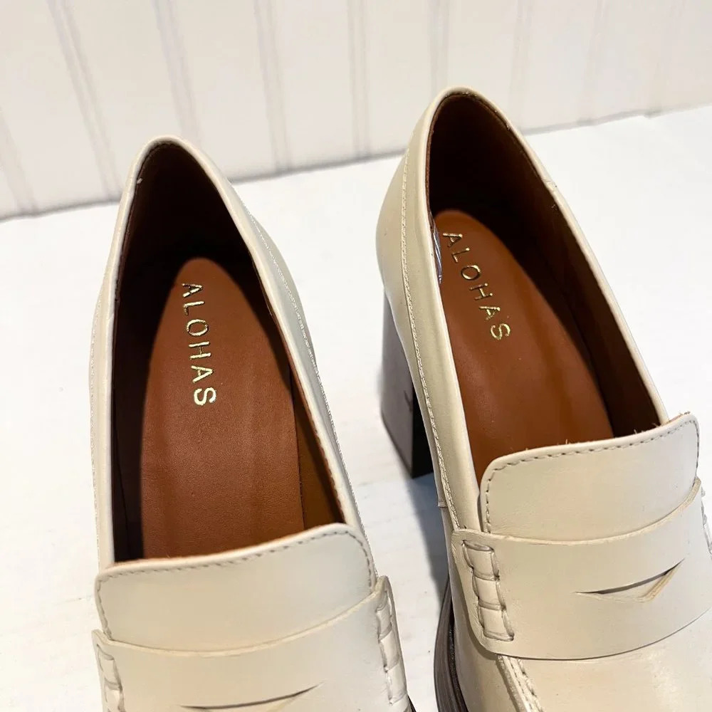 Alohas Busy Cream Square Toe Leather Academia Business Casual Loafer Heels 35 - Picture 5 of 13